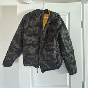 Banana Republic Camouflage Puffer Coat with Yellow Lining
